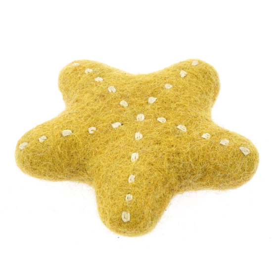 Papoose handmade felt yellow starfish toy on a white background