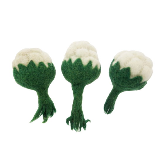 3 Papoose handmade mini felt play food cauliflowers laid out on a white background