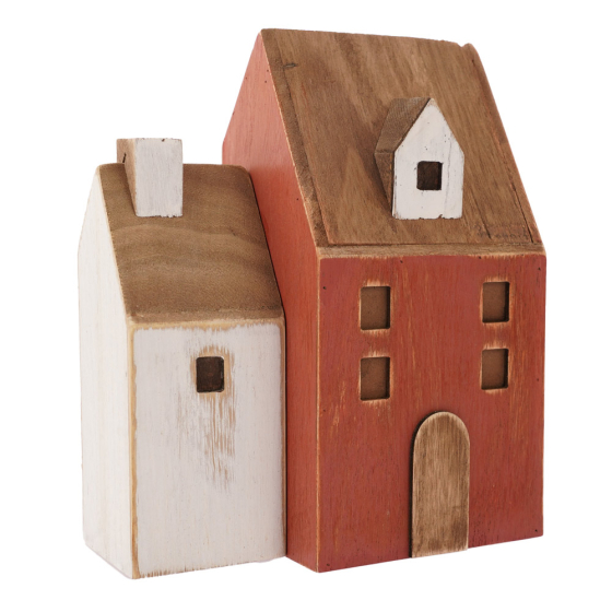 Papoose handmade red and white wooden house toy on a white background