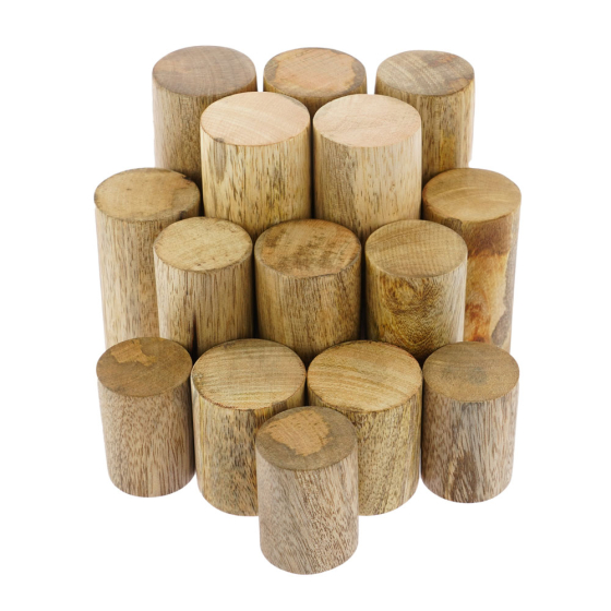 Papoose handmade wooden stacking trunk toys lined up in a pattern on a white background