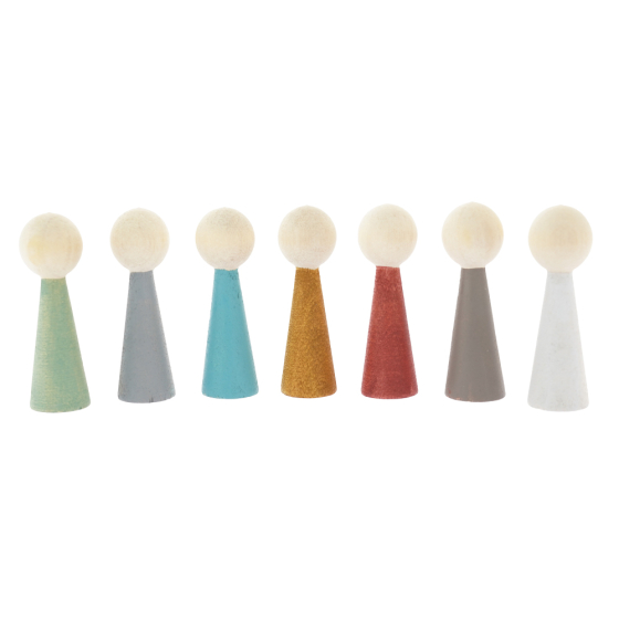 Papoose plastic-free wooden earth people peg doll set lined up on a white background