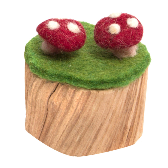 Papoose handmade wooden and felt toadstool trunk Waldorf toy on a white background