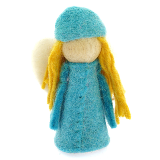 Light blue Papoose handmade wood and felt elf toy figure on a white background