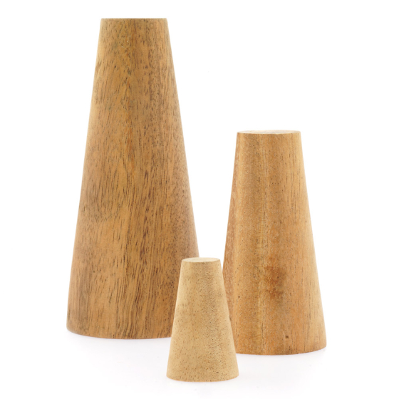 Papoose hand carved natural wooden cones on a white background