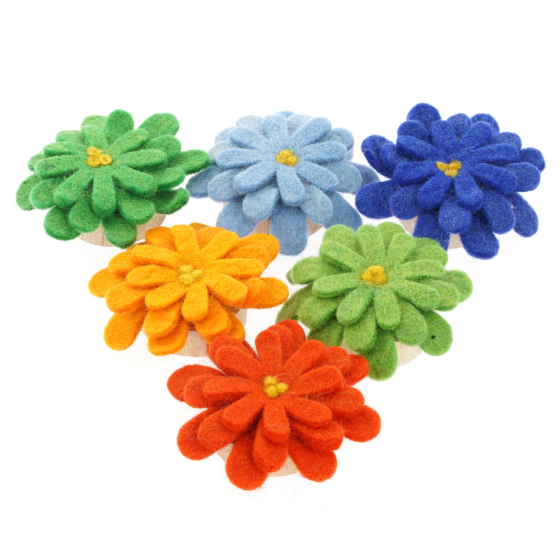6 Papoose childrens waldorf rainbow flower toys laid out in a triangle on a white background