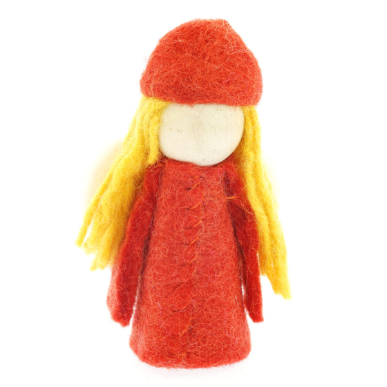 Red Papoose handmade felt bright elf figure on a white background