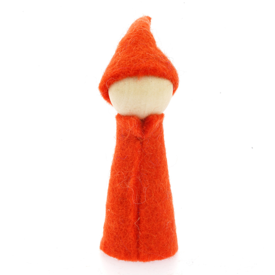 Papoose handmade felt rainbow gnome toy figure in red on a white background
