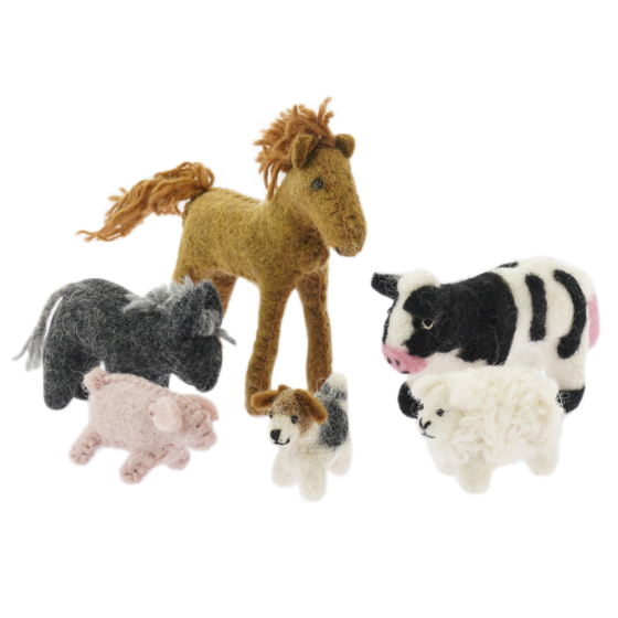 Papoose handmade soft felt farmyard toy animals stood on a white background