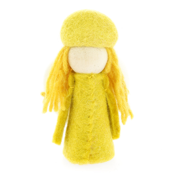 Yellow Papoose handmade felt bright elf toy on a white background