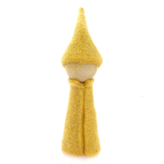 Papoose handmade felt rainbow gnome figure in yellow on a white background