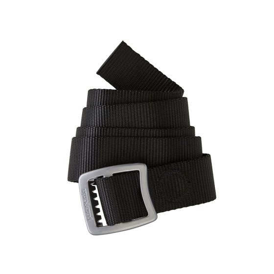 Patagonia adults adjustable black tech web belt rolled up on a white background