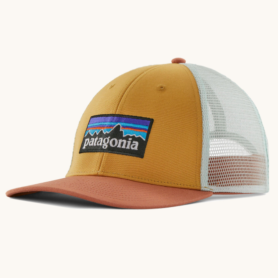 Patagonia P-6 Logo Low Profile Trucker Hat Baseball Cap - Pufferfish Gold, on a cream background