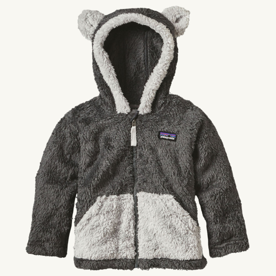 Front view of the Patagonia Little Kids Furry Friends Hoody Forge Grey on a plain background.