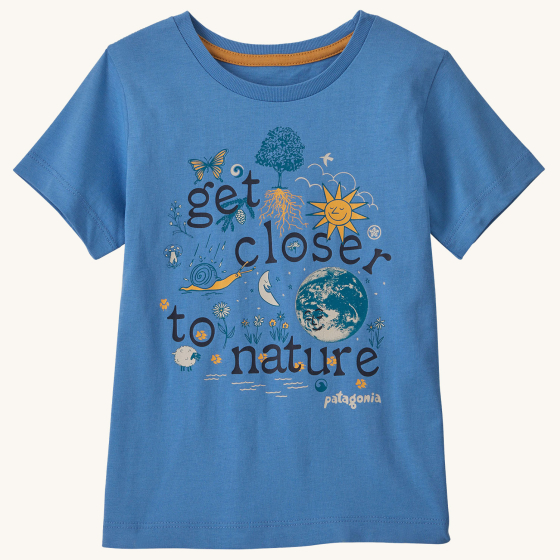Patagonia Little Kids Regenerative Organic Cotton Graphic T-Shirt - Grow Closer / Blue Bird on a plain background.