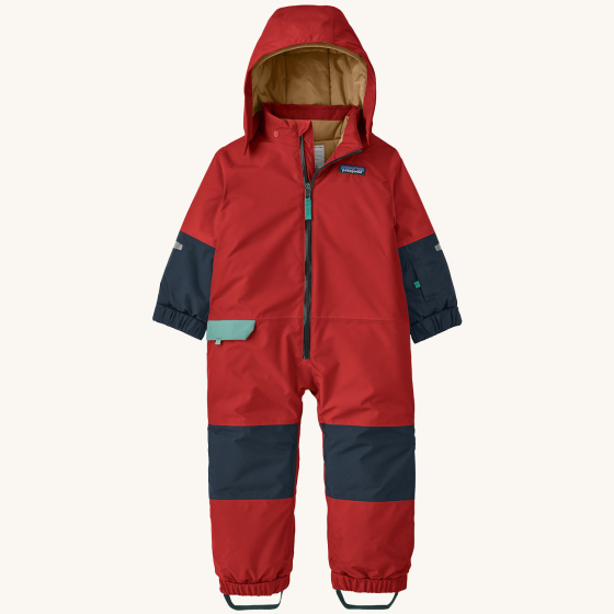 Patagonia Little Kids Snow Pile One-Piece - Touring Red on a plain background.