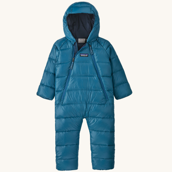 Patagonia Little Kids Hi-Loft Down Sweater Bunting Snow Suit - Wavy Blue on a plain background.