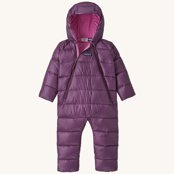 Patagonia Little Kids Hi-Loft Down Sweater Bunting Snow Suit - Night Plum on a plain background.