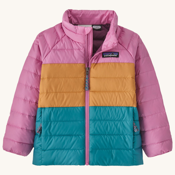 Patagonia Little Kids Down Insulated Sweater Jacket - Marble Pink on a plain background.