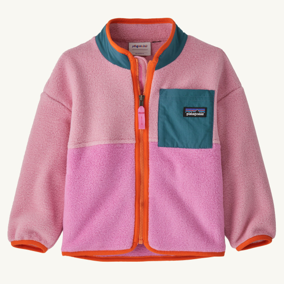 Patagonia Little Kids Synchilla Fleece Jacket - Planet Pink on a plain background.