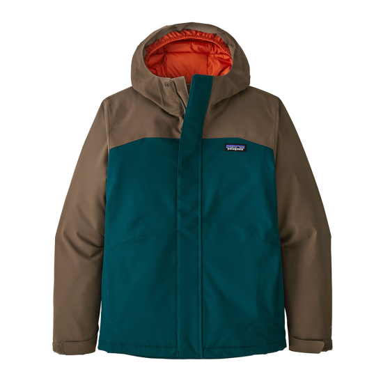Patagonia boys everyday ready waterproof jacket in the dark borealis green colour on a white background