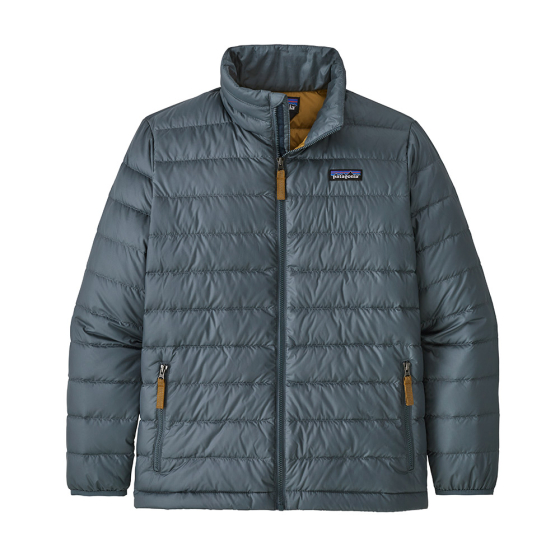 Patagonia eco-friendly boys plume grey waterproof down sweater winter coat on a white background