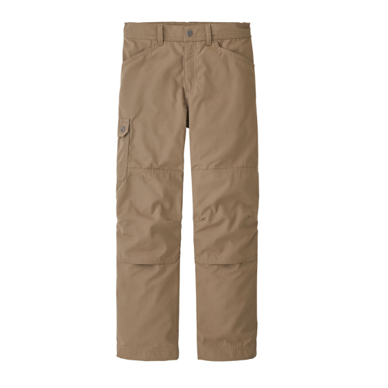 Front of the Patagonia childrens durable hike pants in the mojave khaki colour on a white background