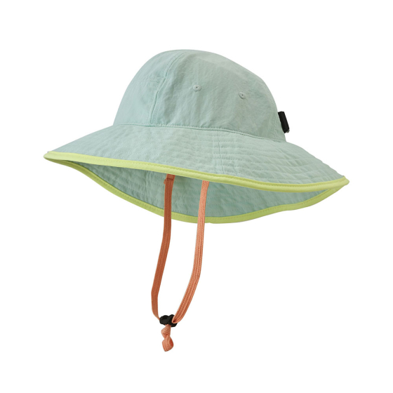 Front of the Patagonia childrens trim brim sun hat in the lite distilled green colour on a white background