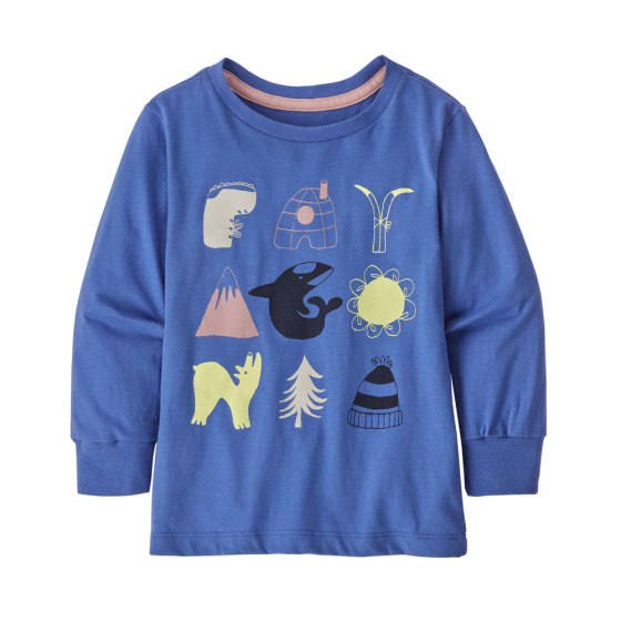 Patagonia little kids organic cotton long sleeve graphic t-shirt in the float blue colour on a white background