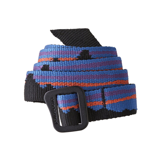 Patagonia fitz roy black friction adjustable adults belt rolled up on a white background