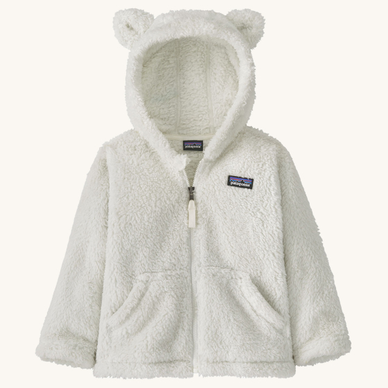 Patagonia Little Kids Furry Friends Hoody - Birch White on a plain background. The hoody is zipped up.