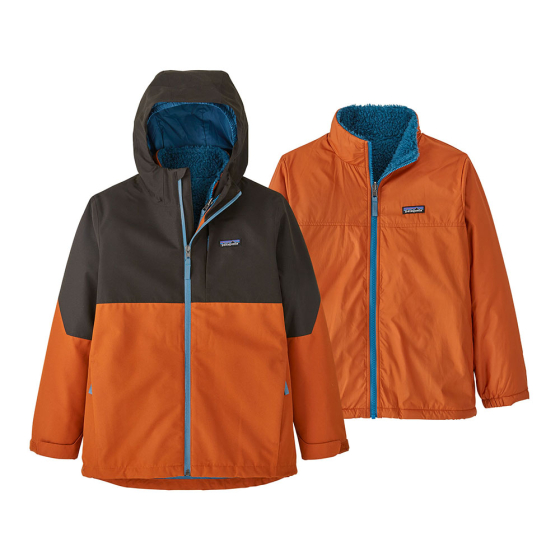 Outside and inside of the Patagonia kids 4 in 1 everyday ready jacket in the sandhill rust colour on a white background