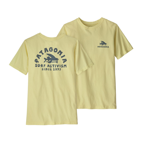 Front and back of the Patagonia kids regenerative organic cotton t-shirt in the isla yellow colour on a white background