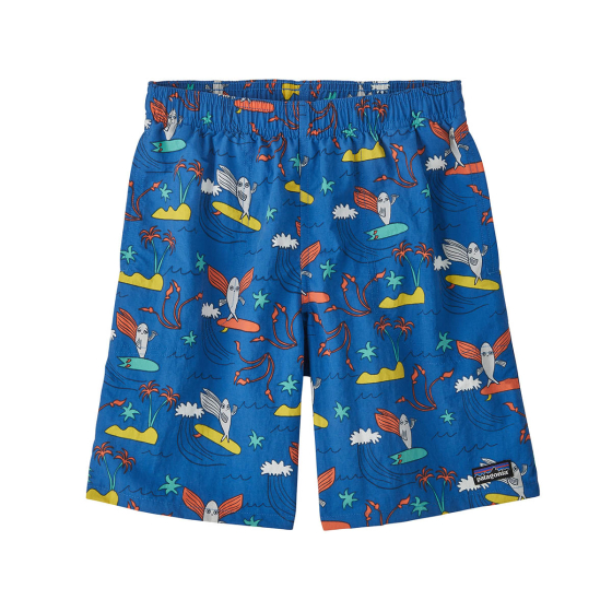 Patagonia kids baggies swimming shorts in the happy jam bayou blue print on a white background