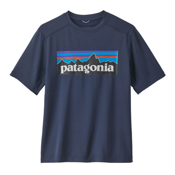 Patagonia kids organic cotton boardshort logo t-shirt in the new navy colour on a white background