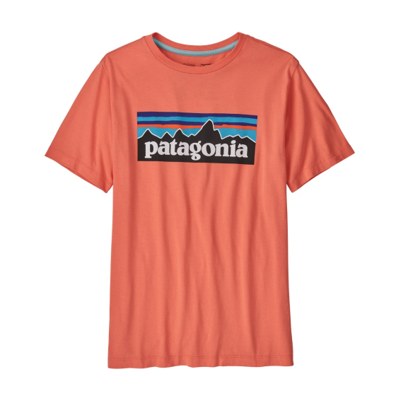 Patagonia kids regenerative organic cotton p-6 logo tshirt in the coho coral colour on a white background