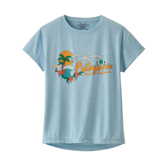 Patagonia kids organic cotton cap cool daily t-shirt in the fin blue colour on a white background