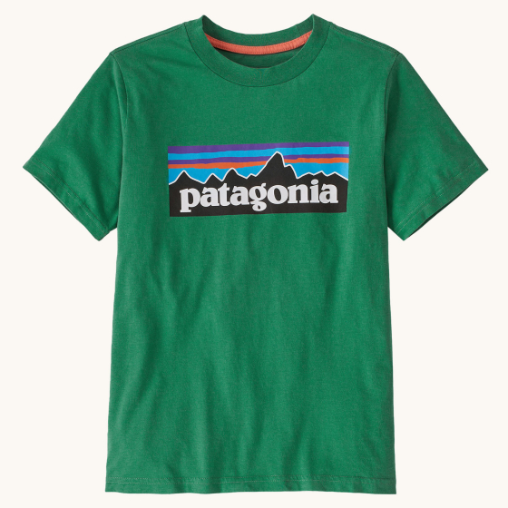 Patagonia Kids P-6 Logo Regenerative Organic T-Shirt - Gather Green. Made with GOTS Organic Cotton, this t-shirt is a solid deep green with the classic Patagonia P-6 logo graphic on the chest