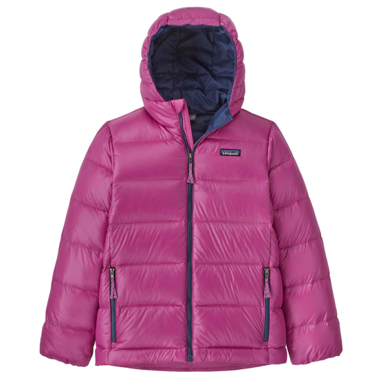 Patagonia Kids Hi-Loft Down Sweater Hoody - amaranth pink colour on a plain white background