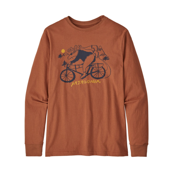 Patagonia kids long sleeved organic t shirt in the mt moose henna brown colour on a white background