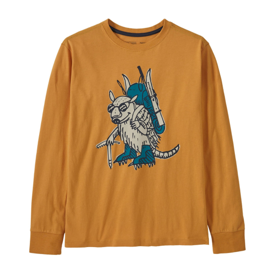 Patagonia Kids long sleeved regenerative t-shirt in a mango orange colour, with an armadillo figure on the front.