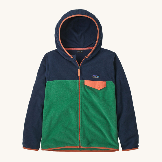 Patagonia Kids Micro-D Hooded Fleece Jacket - Gather Green. A soft, warm fleece in Green and Navy Blue, with an orange pocket flap, zipper, zipper tab and trim