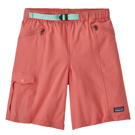 Patagonia kids outdoor everyday shorts in the coho coral colour on a white background