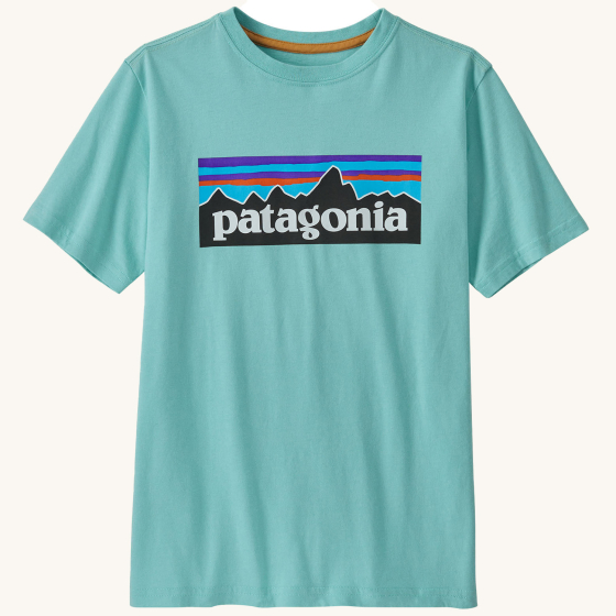 Patagonia Kids P-6 Logo Regenerative Organic T-shirt - Skiff Blue on a plain background.