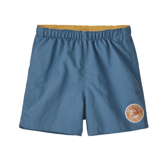 Patagonia little kids baggy swimming shorts in the pigeon blue colour on a white background