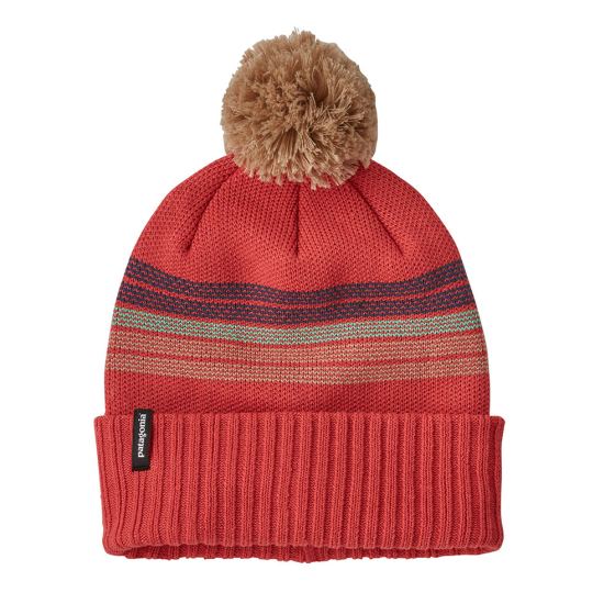 Patagonia kids forest stripe knit powder town beanie in the sumac red colour on a white background