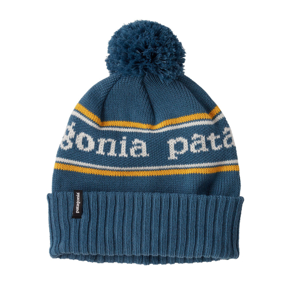 Patagonia kids park stripe knit powder town beanie in the wavy blue colour on a white background
