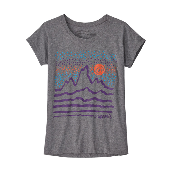 Patagonia kids regenerative organic cotton graphic t-shirt in the gravel heather colour on a white background