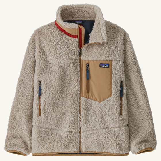 Patagonia Kids Retro-X Fleece Jacket - Natural / Grayling Brown on a plain background.