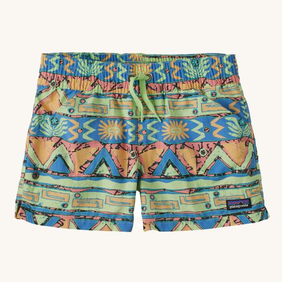 Patagonia Kids Costa Rica Baggies Shorts - High Hopes Geo / Salamander Green, with a multi colour Aztec print in blue, green, yellow and red. These shorts have a drawstring tie around the waste , and a Patagonia logo on the bottom of the short leg