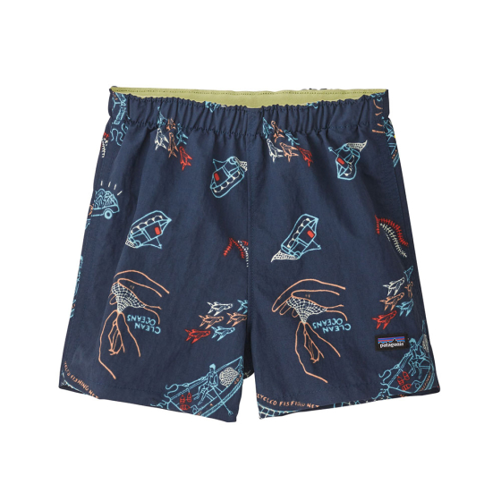Patagonia little kids baggy swimming shorts in the tidepool blue colour on a white background